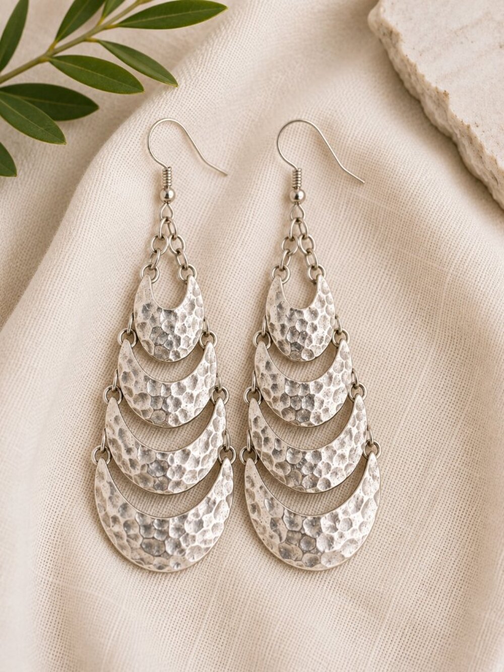Silver Tone Hammered Chandelier Earrings Boho Statement 3" Drop NWOT